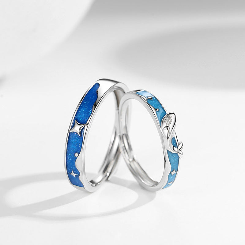 Original Design Whale Couple Ring Pair S925 Silver Artistic Air-Cooled Enamel Star Pair Ring Open Mouth Generation Hair