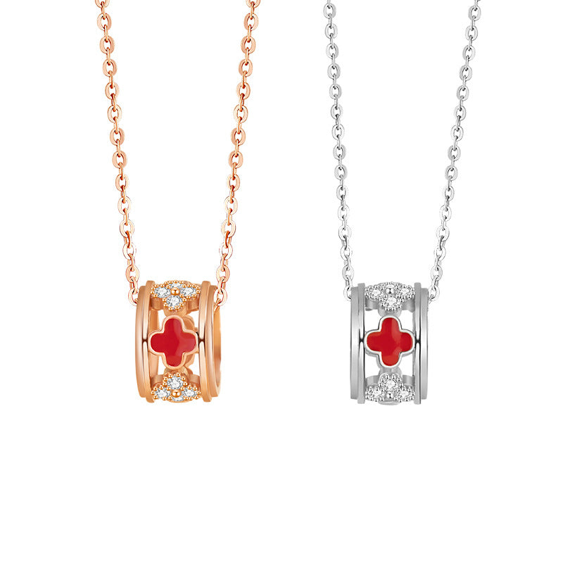 Small Waist Sterling Silver S925 Necklace Women's Light Luxury Small Zircon round Clavicle Chain Lucky Clover Pendant
