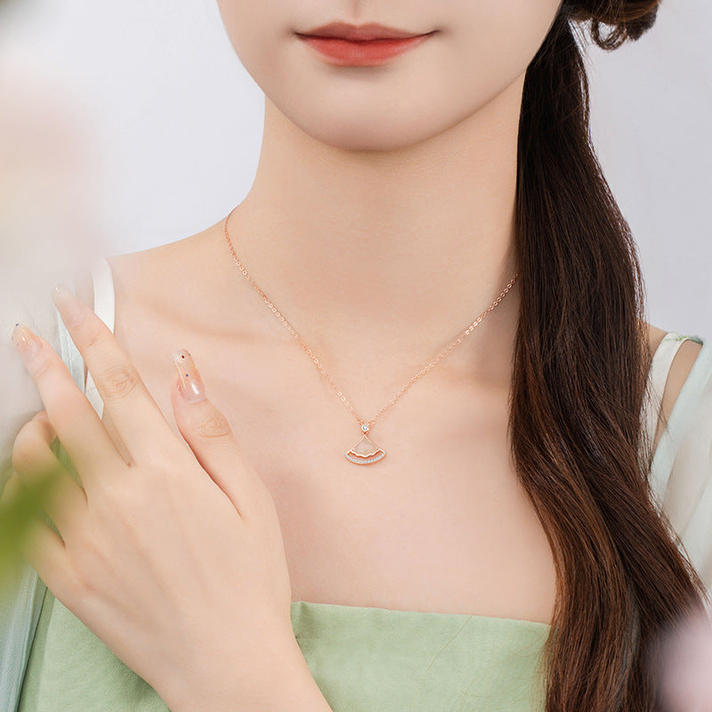 Small Skirt Sterling Silver 925 Hetian Jade Necklace New Chinese National Fashion Zircon Clavicle Chain Ins Light Luxury Fan-Shaped Pendant