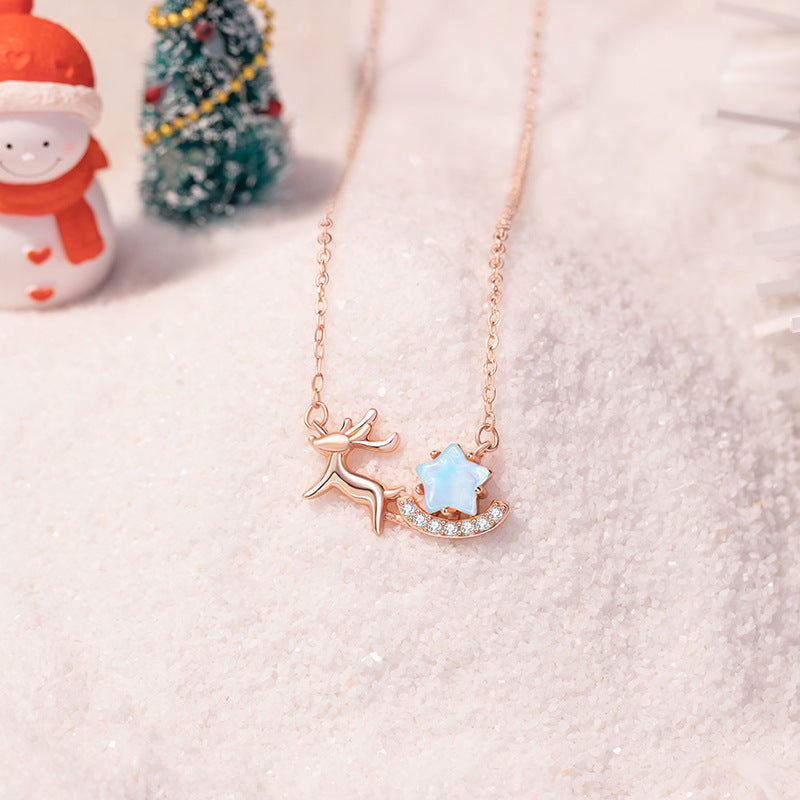 Christmas Elk Sterling Silver 925 Necklace Women's Fashion All-Match Glass Stone Star Clavicle Chain One Deer Has Your Pendant
