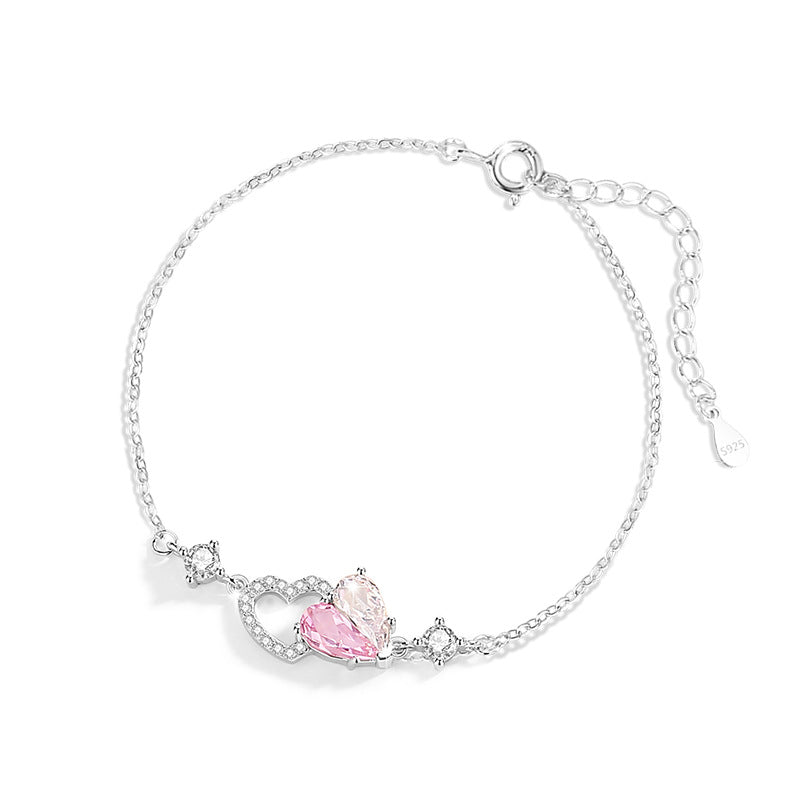 Lovely Sterling Silver 925 Bracelet Female Niche Design Light Luxury Pink Diamond Zircon Bracelet Ins Style Heart-to-Heart Printed Pendant