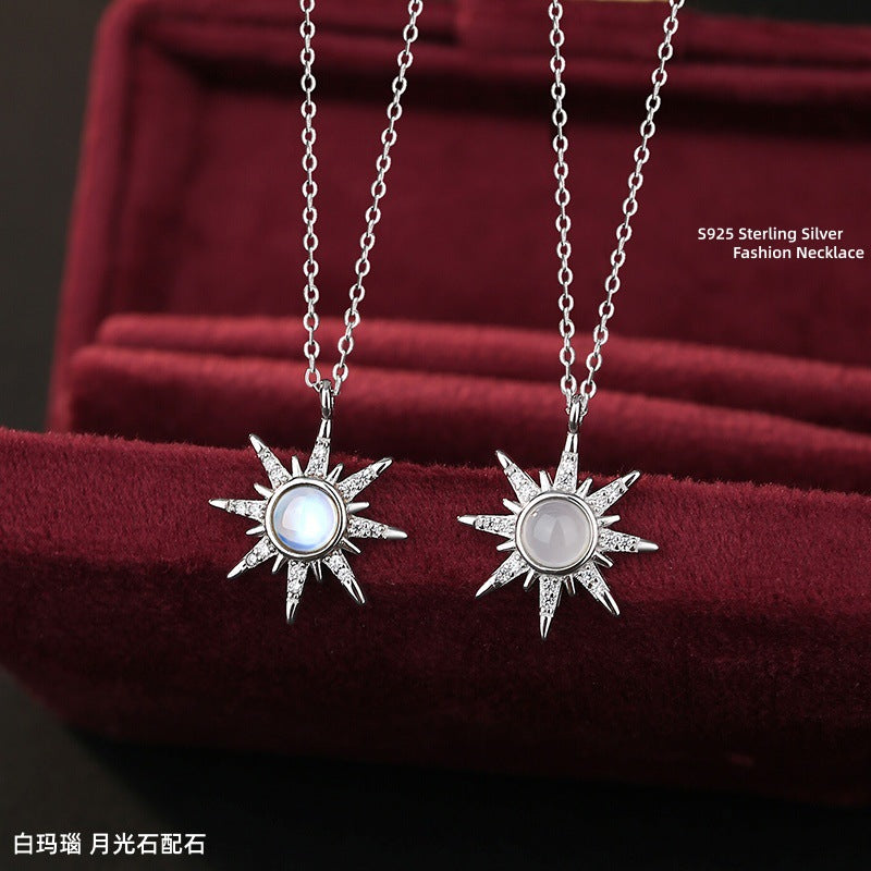 Elegant S925 Sterling Silver Necklace Women's Natural White Agate Moonstone Light Luxury Star Clavicle Chain Niche Silver Jewelry Wholesale
