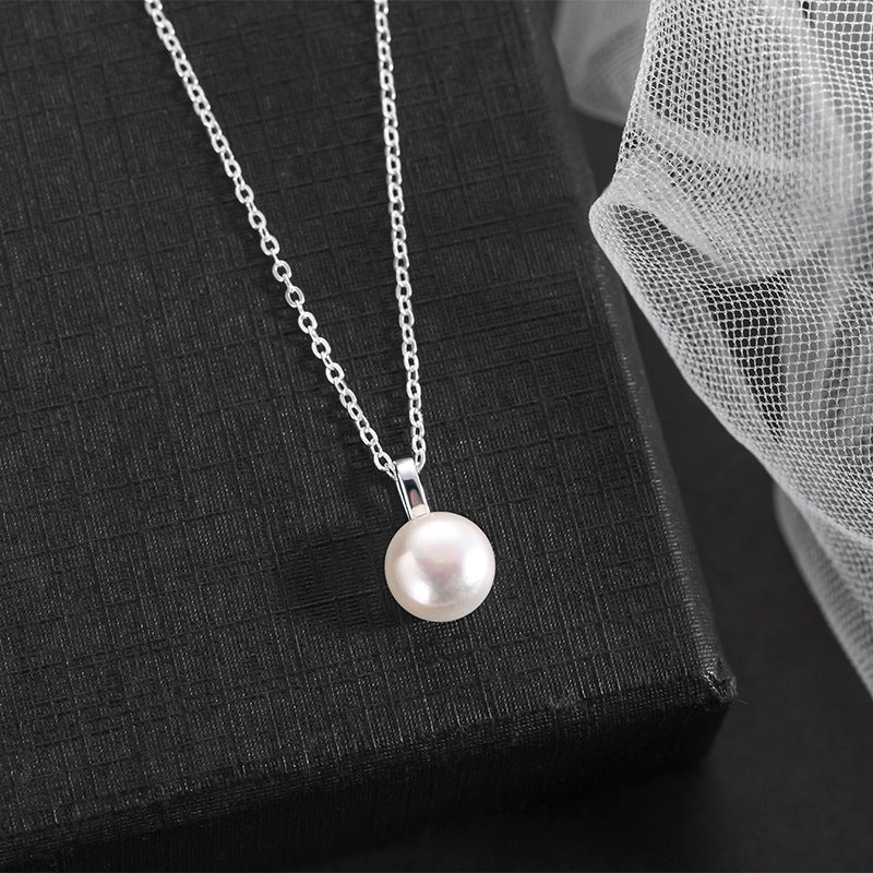Shijia round Pearl Sterling Silver 925 Necklace Women's Light Luxury High-Grade Clavicle Chain All-Match Ins Style Small Bulb Pendant