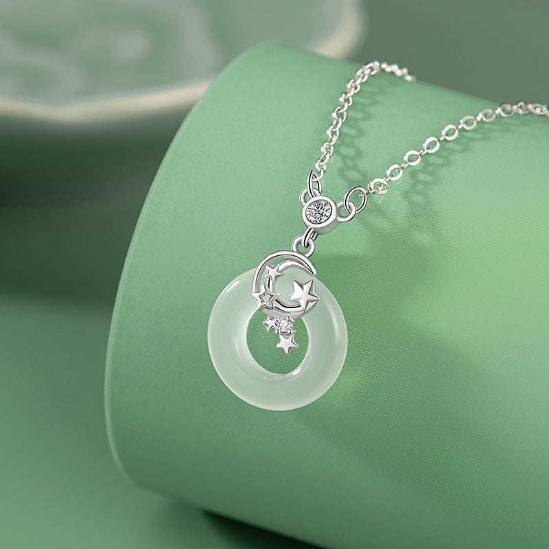 Star Sterling Silver 925 Safety Buckle Necklace for Women New Chinese National Fashion Moon Zircon Clavicle Chain Ins Style Chalcedony Pendant