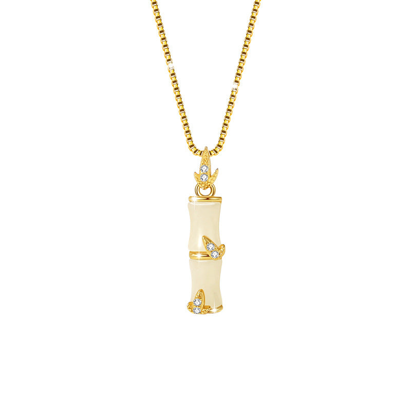 Festival High-Rise Hetian Jade Sterling Silver 925 Necklace National Fashion Ethnic Style Bamboo Clavicle Chain Ins Bamboo Zircon Pendant