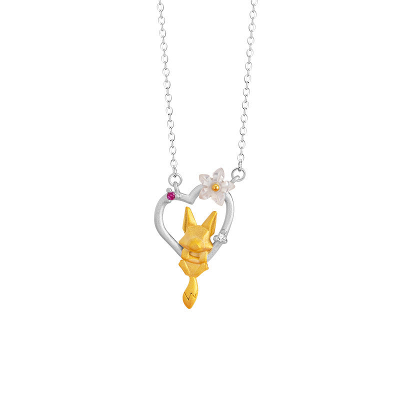 Fox Sterling Silver 925 Necklace Women's National Fashion New Year Love Clavicle Chain Ins Light Luxury Style Peach Blossom Fox Fairy Pendant