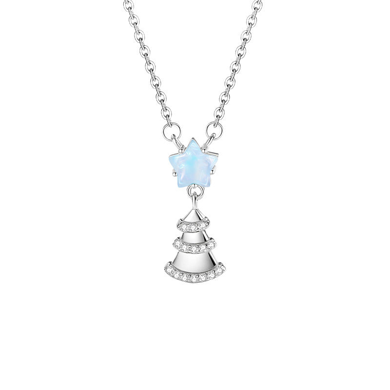 Christmas Tree Sterling Silver 925 Necklace Female Niche Design Light Luxury Glass Stone Clavicle Chain Ins Style Star Pendant