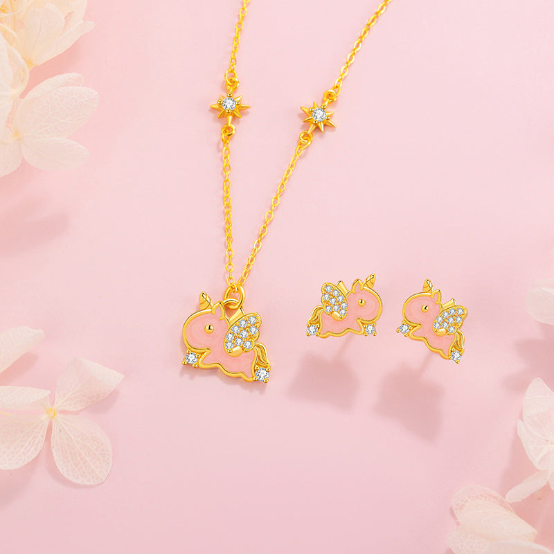 Rainbow Unicorn Sterling Silver 925 Necklace Female Cute Sweet Star Zircon Clavicle Chain Ins Valentine's Day Pendant