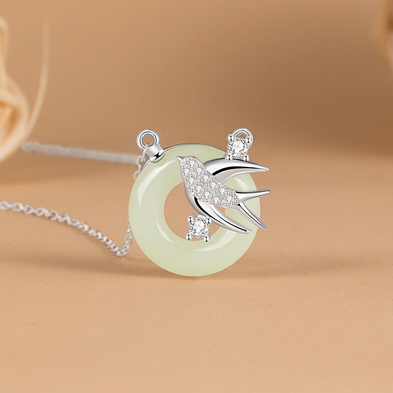 S925 Sterling Silver Natural White Jade Necklace Female Niche Swallow Design 520 Gift Live Delivery One-Piece Delivery