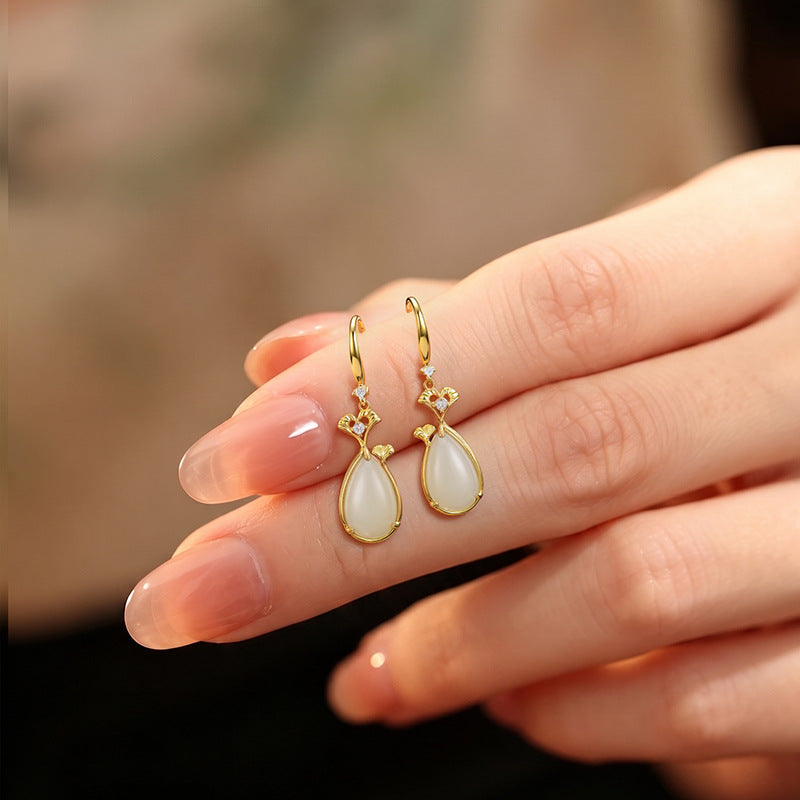 New Chinese Style Ginkgo Leaf Hetian Jade Water Drop Set S925 Sterling Silver Necklace Earrings Light Luxury National Style Valentine's Day Gift
