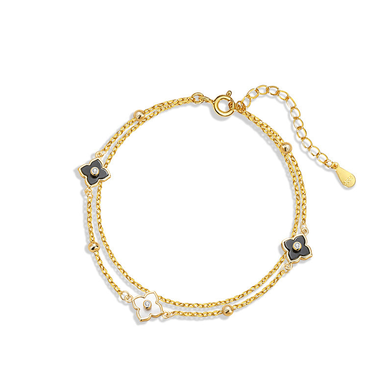 Lucky Clover Sterling Silver 925 Bracelet Women's Fashion Versatile Agate Petal Bracelet Ins Style Flower Bracelet