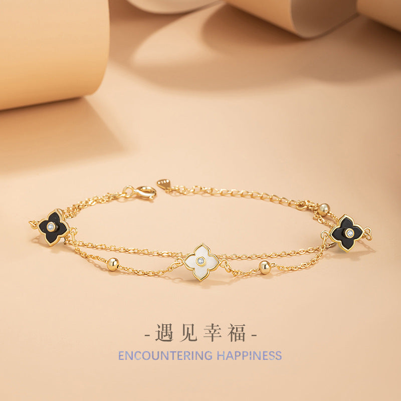 Lucky Clover Sterling Silver 925 Bracelet Women's Fashion Versatile Agate Petal Bracelet Ins Style Flower Bracelet