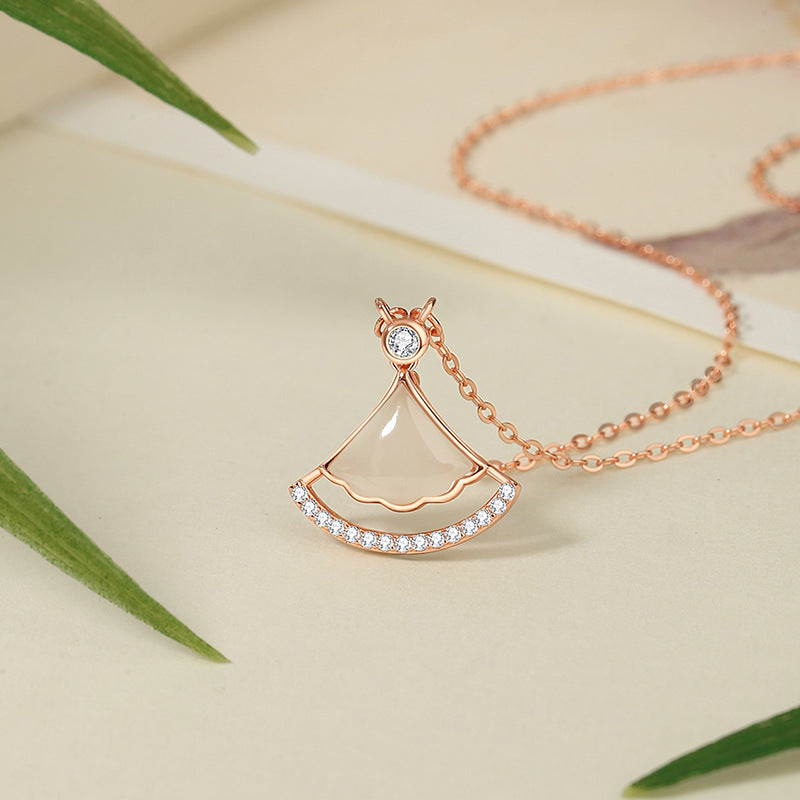 Small Skirt Sterling Silver 925 Hetian Jade Necklace New Chinese National Fashion Zircon Clavicle Chain Ins Light Luxury Fan-Shaped Pendant