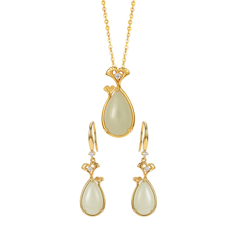 New Chinese Style Ginkgo Leaf Hetian Jade Water Drop Set S925 Sterling Silver Necklace Earrings Light Luxury National Style Valentine's Day Gift