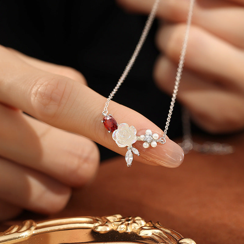 S925 Sterling Silver Necklace Female Magic Color Fritillary Rose Red Zircon Clavicle Chain High-Grade Gift for Girlfriend Girlfriend Female