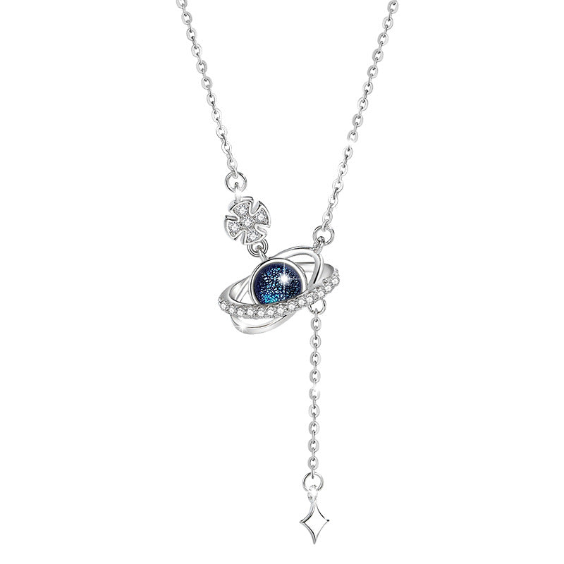 Planet Sterling Silver 925 Necklace Women's Fashion All-Match Saturn Clavicle Chain Goods Ins Style Glazed Stone Star Pendant