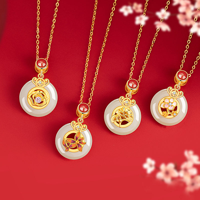 Four Seasons Flower God Sterling Silver 925 Hetian Jade Necklace Female New Chinese Rose Clavicle Chain Red Agate Plum Pendant
