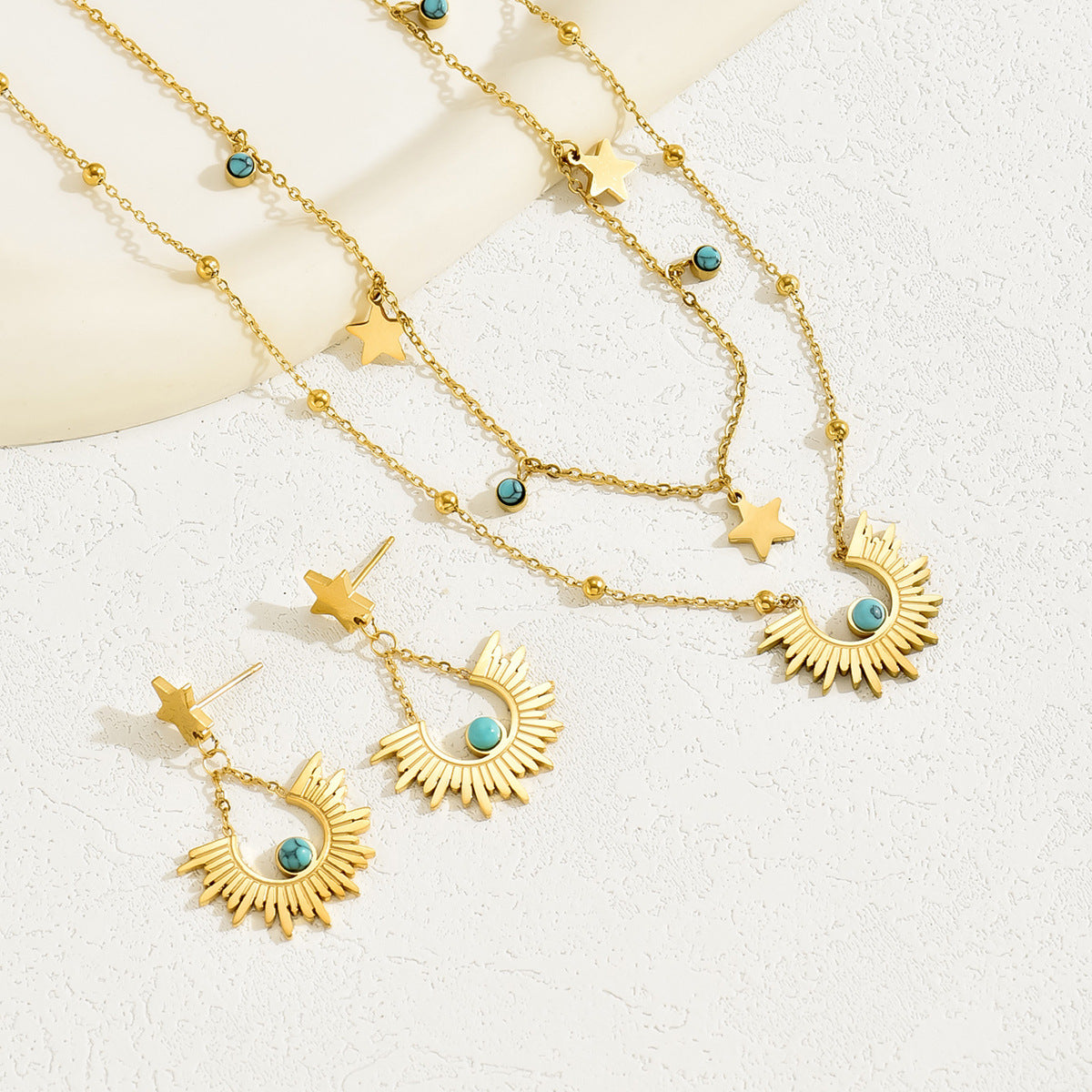 New Fashion Trendy Earrings Clavicle Chain Women's Suit Niche Inlaid Turquoise Design Ear Buckle Necklace Jewelry