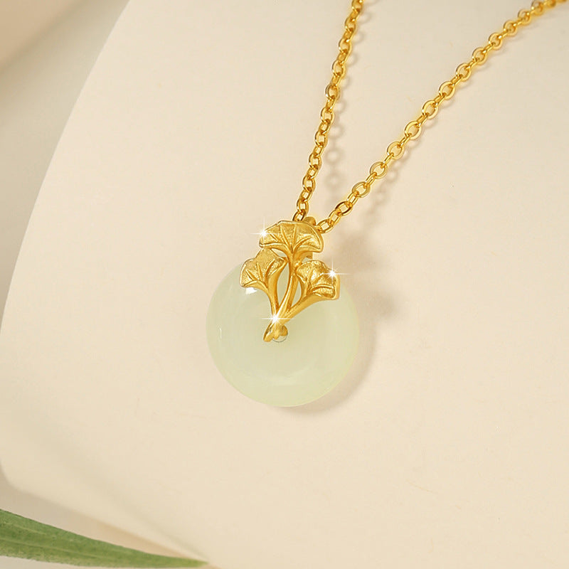Original Sansheng Lucky Sterling Silver 925 Hetian Jade Necklace New Chinese Style Safety Buckle Clavicle Chain Ins Ginkgo Leaf Pendant