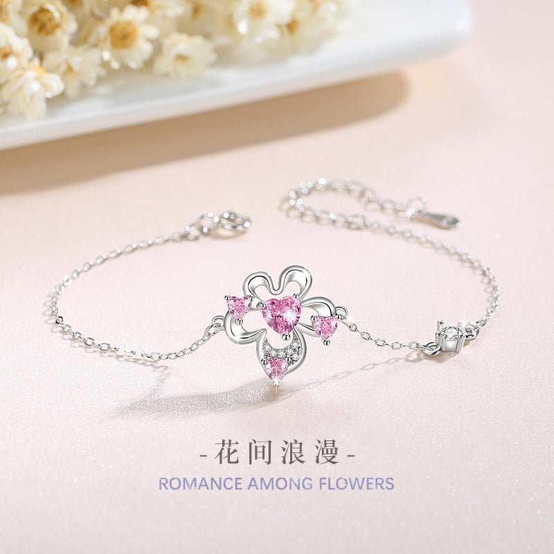 Flower Sterling Silver 925 Bracelet Women's Fashion All-Match Pink Zircon Bracelet, INS Style Lovely Floral Bracelet