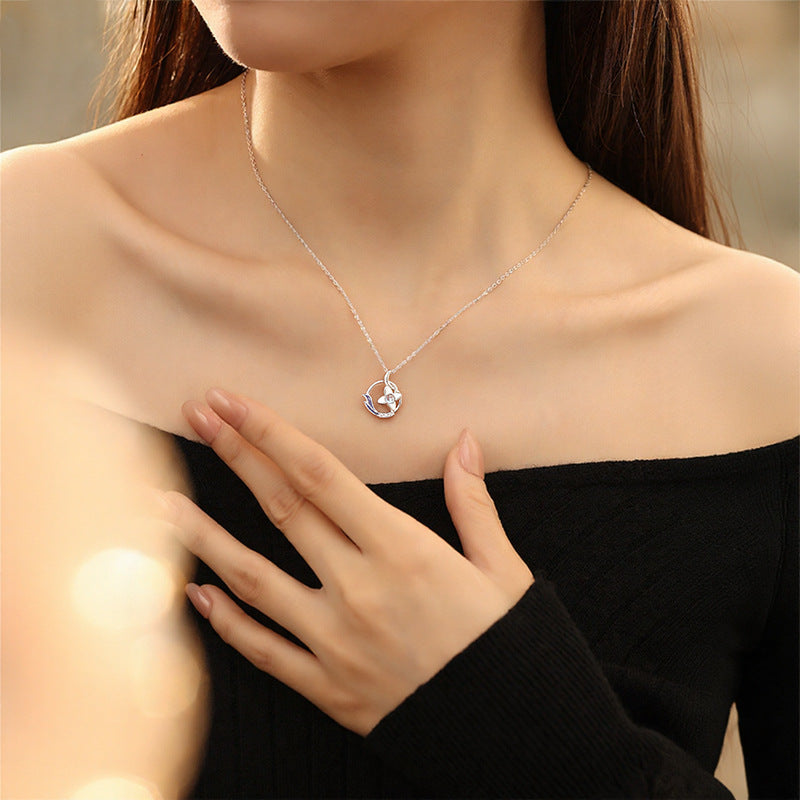 Sterling Silver S925 Necklace Natural White Agate Moonstone Pendant Niche Design Angel Wings Unicorn Clavicle Chain