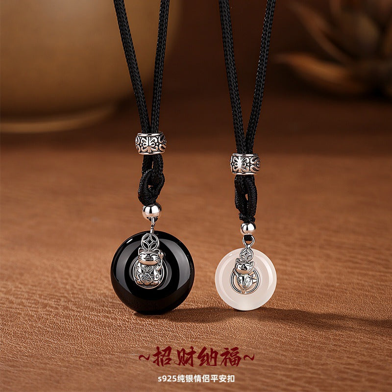S925 Silver Jewelry National Style Couple's Safety Buckle Black Agate White Chalcedony Lucky Lucky Token Valentine's Day Gift