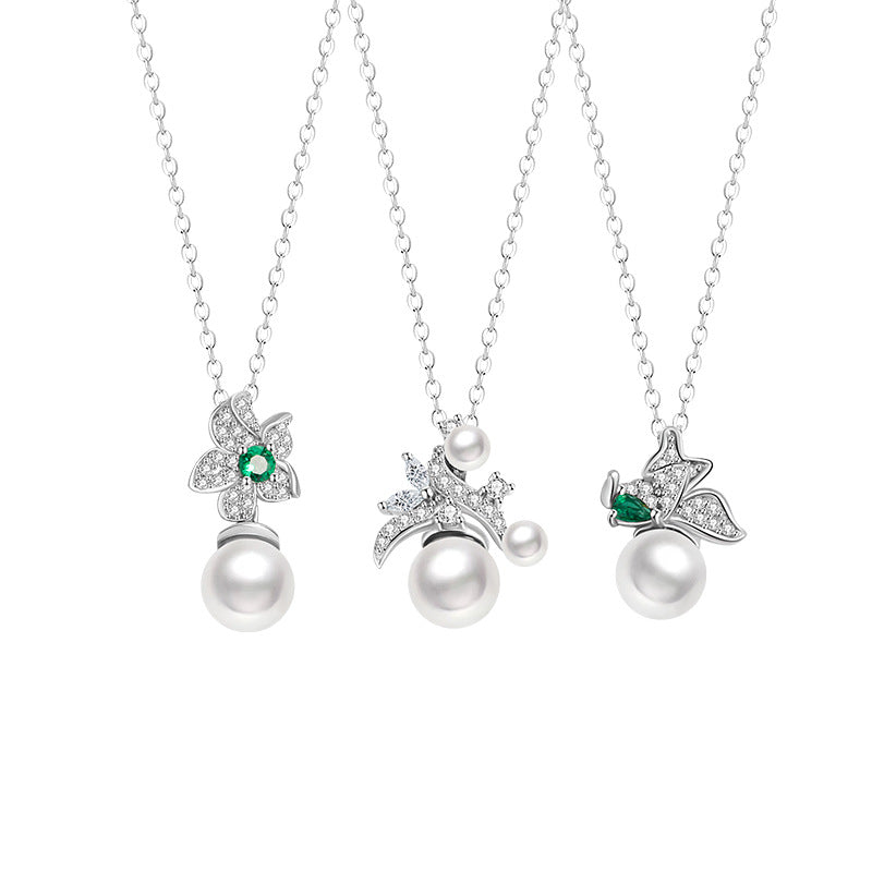 Flowers like Brocade Sterling Silver 925 Necklace Light Luxury High-Grade Shijia Pearl Clavicle Chain Ins Style Flower Zircon Pendant