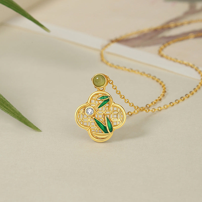 Original Lucky Four-Leaf Clover Hetian Jasper Sterling Silver 925 Necklace New Chinese Style Bamboo Clavicle Chain Ins Window Flower Pendant