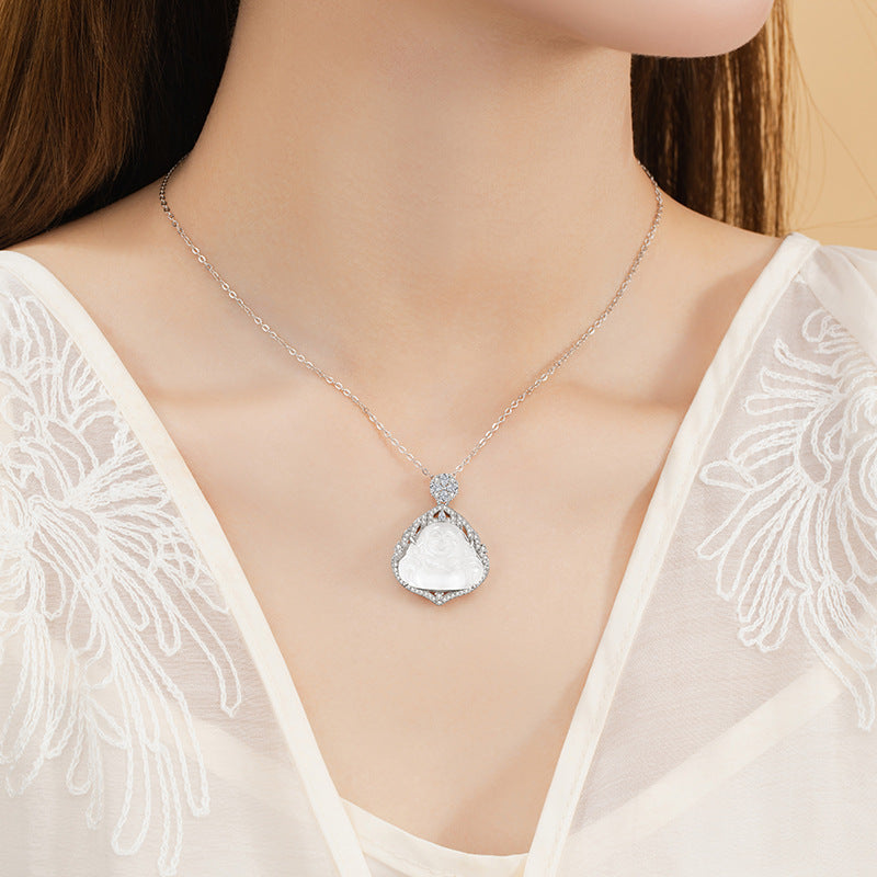 Maitreya Sterling Silver 925 Necklace Women's New Chinese National Fashion Natural Water Foam Jade Clavicle Chain Ins Style Buddha Pendant