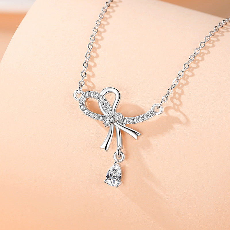 Bow Sterling Silver 925 Necklace Women's Fashion All-Match Zircon Clavicle Chain Ins Style High-Grade Love Pendant
