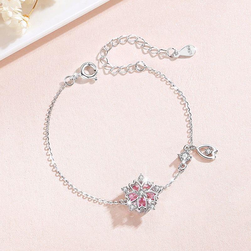 Cherry Blossom Sterling Silver S925 Bracelet Women's Fashion Versatile Pink Zircon Bracelet Ins Style Tassel Bracelet