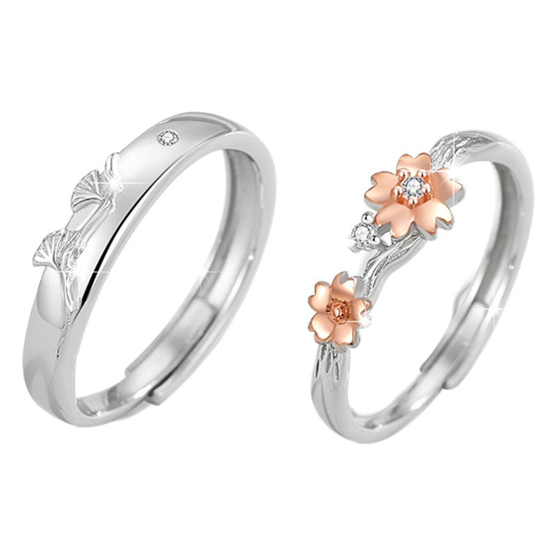 Cherry Blossom Sterling Silver 925 Couple Ring Men and Women Niche Design Light Luxury Zircon Ring Get Things Ins Flower Ring