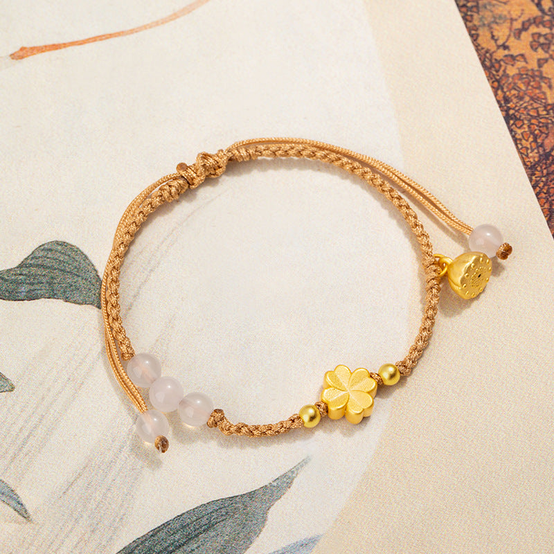 Lucky Clover Pure Silver 999 Chalcedony Women's Bracelet New Chinese National Fashion Lotus Bracelet Ins Style Flower Bracelet