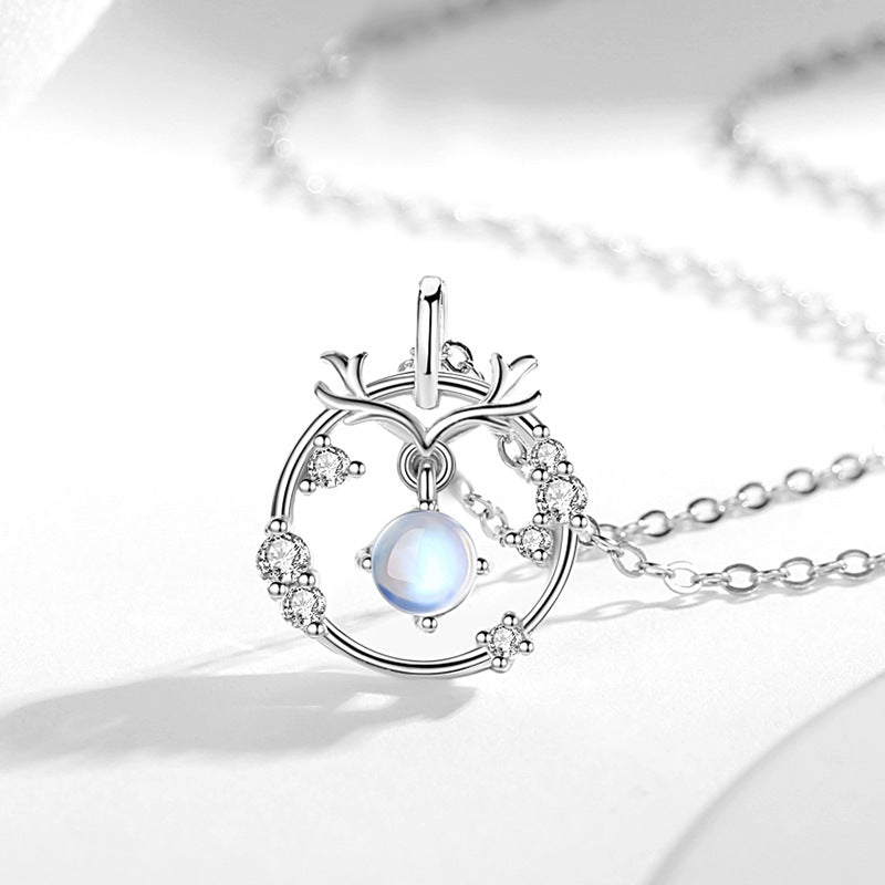 Mori Antler Necklace Ring Moonstone Pendant Niche S925 Silver Jewelry One Deer Accompanied Valentine's Day Gift Wholesale