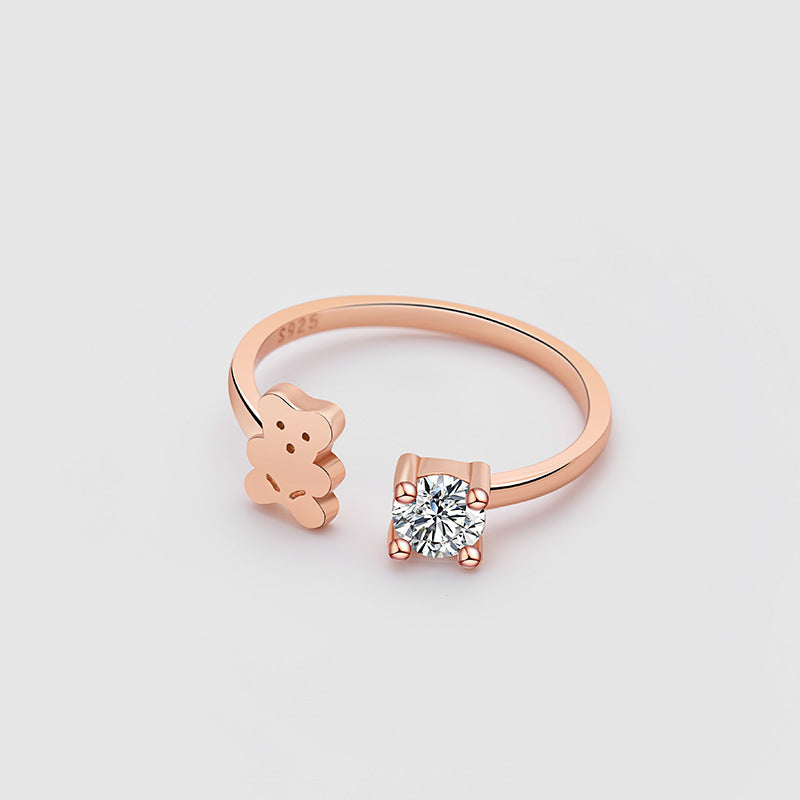 Teddy Bear Sterling Silver 925 Ring Female Fashion Versatile Zircon Ring Ins Style Cute Cute Bear Adjustable Ring