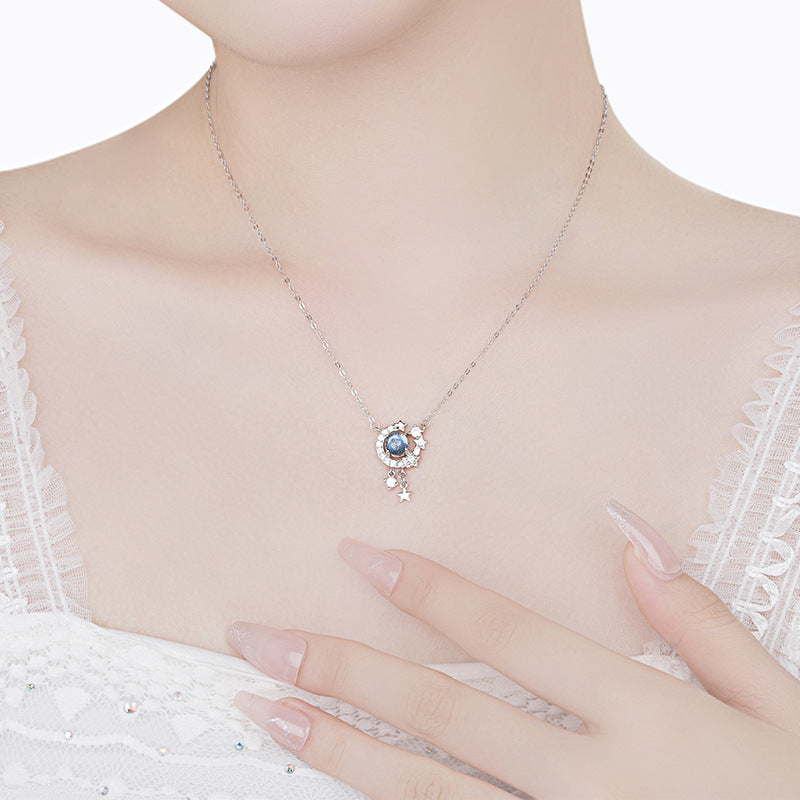 Moon Sterling Silver 925 Necklace Female Niche Design Light Luxury Glass Stone Clavicle Chain Ins Style Star Tassel Pendant