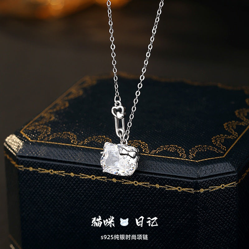 Cat Diary S925 Sterling Silver Necklace Female Niche Cute Zircon Hello Kitty Clavicle Chain Valentine's Day Confession Gift