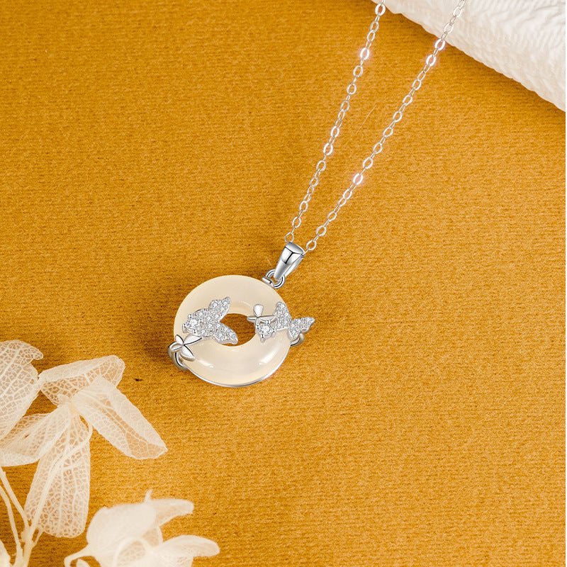 Butterfly Safety Buckle S925 Sterling Silver Necklace for Women New Chinese Style Chalcedony Silver Jewelry Niche Design Sense Commuter All-Matching