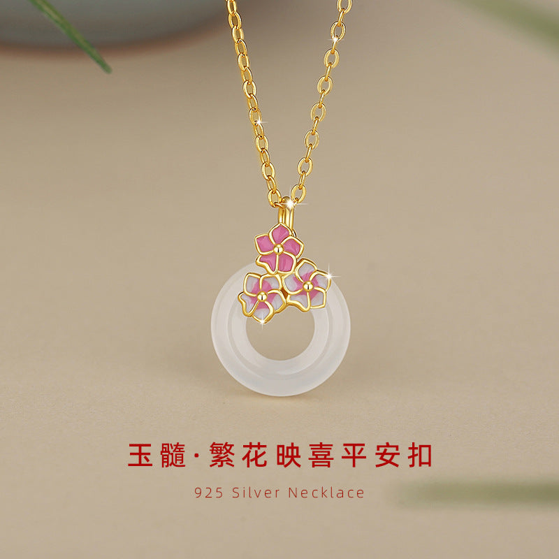 Cherry Blossom Sterling Silver 925 Chalcedony Necklace Female Niche Design Light Luxury Flower Clavicle Chain Ins Style Safety Buckle Pendant