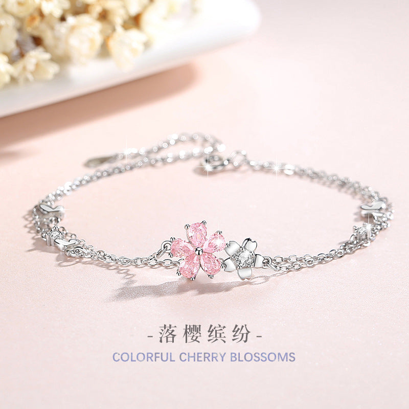Cherry Blossom Sterling Silver 925 Bracelet Women's Fashion Versatile Pink Zircon Bracelet 520 Valentine's Day Ins Flower Bracelet