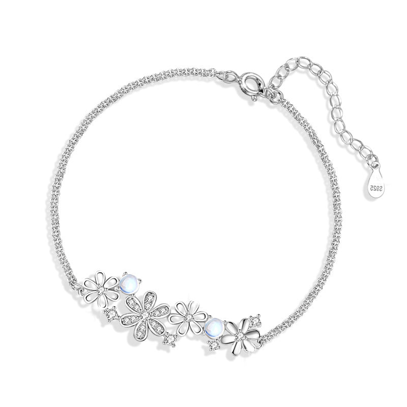 Flower Sterling Silver 925 Bracelet Women's Fashion All-Match Glass Stone Bracelet for Girlfriend Ins Style Petal Zircon Bracelet