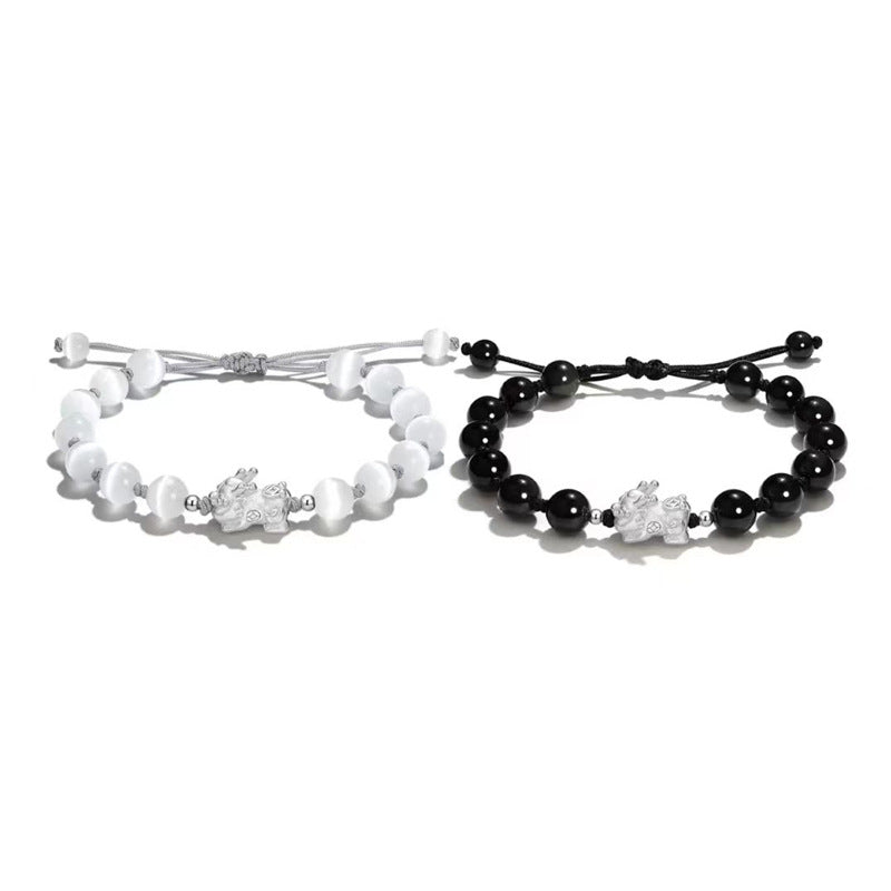 Pure Silver 999 Couple Bracelet Light Luxury High-Grade Opal Bracelet Valentine's Day Gift Black Agate Bracelet