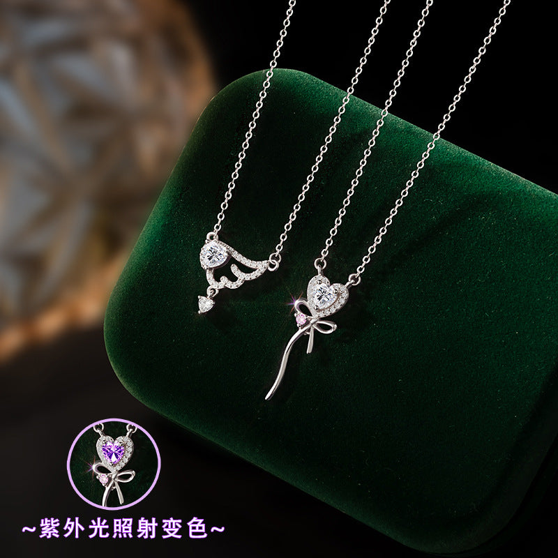 S925 Sterling Silver Necklace Lovely Color-Changing Stone Magic Stick Angel Wings Pendant Girlfriends Net Red Same Style Jewelry Supply