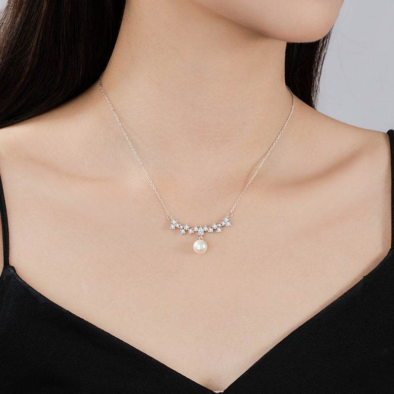 Romantic Star River Sterling Silver 925 Necklace Women's Light Luxury High-Grade Natural Freshwater Pearl Clavicle Chain Ins Star Pendant