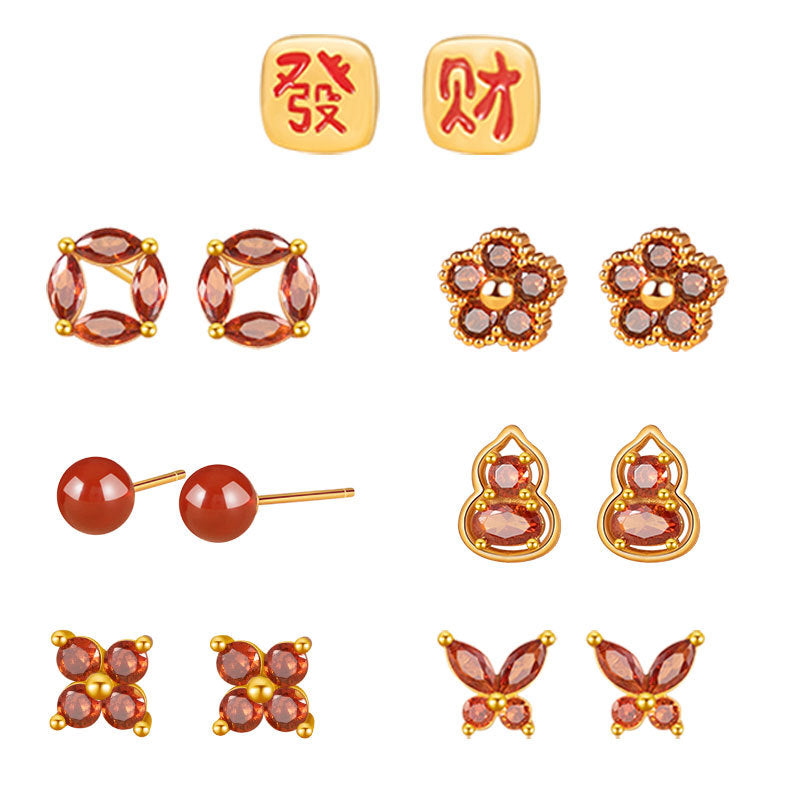 New Year One Week Sterling Silver 925 Stud Earrings Women's Light Luxury High-Grade Red Agate Flower Earrings Ins Butterfly Earrings