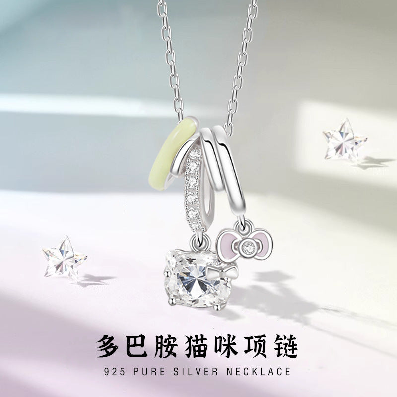 Cute Cat Sterling Silver 925 Necklace Female Sweet Fairy Style Dopamine Donut Clavicle Chain Bow Pendant