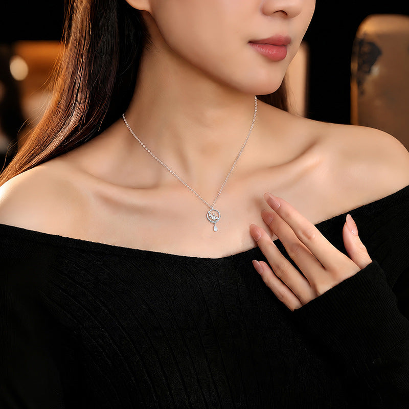 S925 Silver Necklace Water Drop White Agate Pendant Light Luxury High-Grade Star Moon Clavicle Chain Niche All-Match Girlfriend Gift