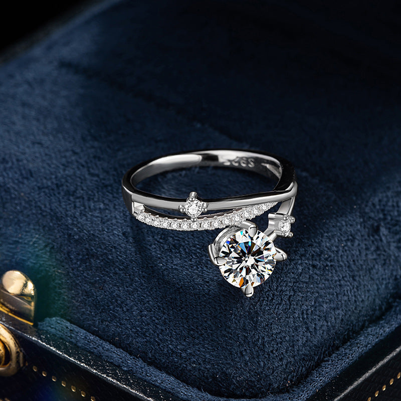 Moissanite Sterling Silver 925 Ring Women's Light Luxury Small Diamond Meteor Ring 1 Karat Double Layer 4 Grab Wedding Ring