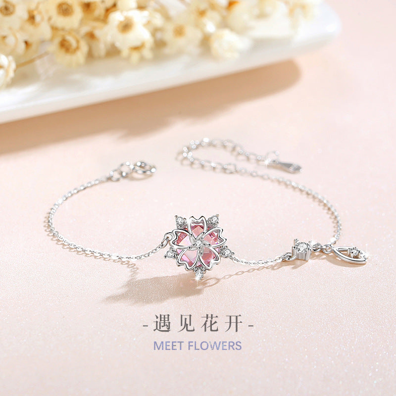 Cherry Blossom Sterling Silver S925 Bracelet Women's Fashion Versatile Pink Zircon Bracelet Ins Style Tassel Bracelet