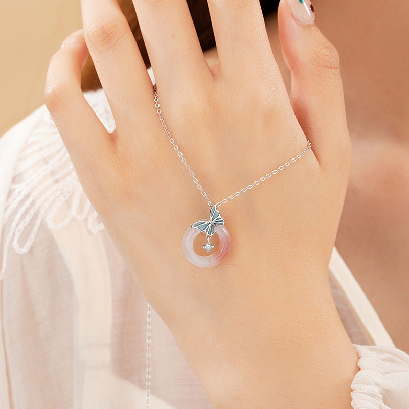 Butterfly Luminous Sterling Silver 925 Necklace Light Luxury High-Grade Salt Source Agate Clavicle Chain Ins Style Safety Buckle Pendant
